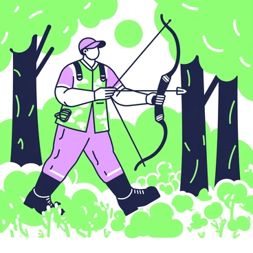 A hunter in a dense forest, camouflaged, holding a bow and arrow