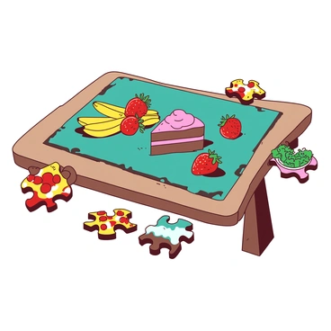A teal jigsaw puzzle is spread out on a wooden table, featuring an array of colorful delicious foods. There are bright red strawberries and yellow bananas, alongside a slice of chocolate cake topped with pink frosting. A variety of savory dishes are also illustrated, including a golden-brown pizza and a bowl of green salad. The pieces of the puzzle are scattered around, some fitting together while others are turned upside down, revealing glimpses of vibrant food images.
