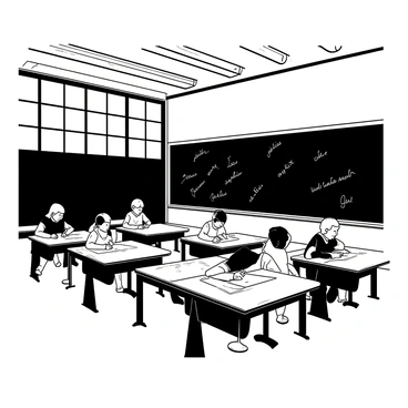 An interior of a classroom from the 1800s featuring a large black chalkboard mounted on the wall. The chalkboard has neat writing in white chalk across its surface. In front of the chalkboard, there are several wooden desks arranged in rows, each with a polished finish. Students are seated at the desks, focused on their work, writing with quills on sheets of parchment. Light filters in through tall windows, illuminating the scene. The room is adorned with wooden beams along the ceiling, adding to the historical atmosphere.