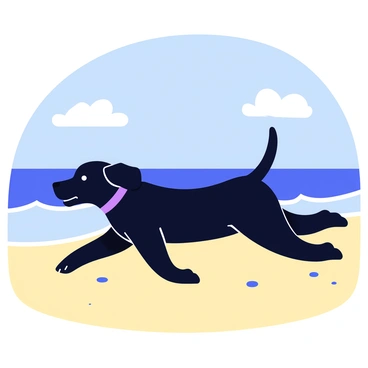 A black Labrador retriever is running along a sandy shoreline. The dog has shiny fur and its ears are flopping as it runs. In the background, waves are crashing against the shore, creating white foam. The sky above is clear with a few fluffy white clouds. The beach is wide and there are small pebbles scattered along the sand.