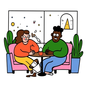 Inside a cozy coffee shop, two strangers are meeting for the first time. The light-skinned woman has big eyes and wavy brown hair, while the dark-skinned man has big eyes and short curly hair. They are both seated at a small round table, and the woman is leaning slightly forward, laughing, her hand resting on the table. The man is looking at her with a bright smile, his head slightly tilted. A cup of coffee is tipped over, spilling onto the table, and both of them are sharing a lighthearted moment. The warm atmosphere is filled with soft lighting, comfortable furniture, and decorative plants in the background.