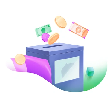 A modern pastel illustration featuring a donation box with a clear panel. The box is positioned in the center, and it is constructed from a sleek material that allows visibility of the contents inside. Various currencies, including coins and banknotes from different countries, are being dropped into the box. A few coins are mid-air, captured in the moment just before they land. The background includes soft pastel colors to enhance the focus on the donation box and the currencies.