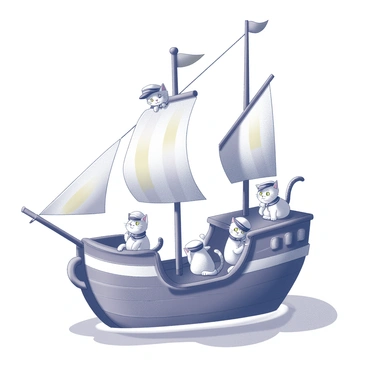 A whimsical cartoon ship floats on the water. The ship has a curved hull and playful proportions, adorned with colorful sails. On the deck of the ship, several cats are dressed as sailors. Each cat wears a distinctive sailor outfit, complete with hats and neckerchiefs. One cat is playfully peeking over the edge of the ship, while another stands proudly at the helm, looking forward. A few other cats are engaged in various ship activities, such as tying ropes or exploring the ship's features. The scene captures a lively and adventurous atmosphere.