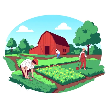 A red barn stands in the background of a village scene. In the foreground, farmers are working in lush green fields, tending to rows of crops. One farmer is bending down to plant seeds, while another is using a hoe to tend to the soil. There are patches of vibrant yellow wildflowers scattered among the crops. A few trees provide shade along the edges of the fields, and a clear blue sky is overhead, with soft white clouds drifting gently. The atmosphere is calm, and the farmers are focused on their tasks.