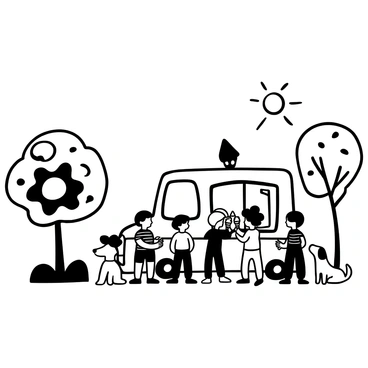 A group of children standing in a line at an ice cream truck. The children are wearing colorful summer clothes and holding cones filled with ice cream. The ice cream truck is adorned with images of various ice cream treats on its side. Nearby, there are a few trees with wide canopies providing some shade, and a bright sun is visible in the sky above. A small dog is sitting on the grass next to the line, looking up at the children excitedly.