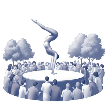 A woman is elegantly positioned in mid-air, executing a complex acrobatic move on a stage set in a park. Her body is arched gracefully as she balances on one hand, showcasing her strength and flexibility. Below her, a diverse crowd of spectators watches in awe, with expressions of amazement on their faces. The park setting features lush trees in the background, and the stage is surrounded by vibrant greenery, creating a lively atmosphere. Some audience members are clapping, while others are capturing the moment with their smartphones.