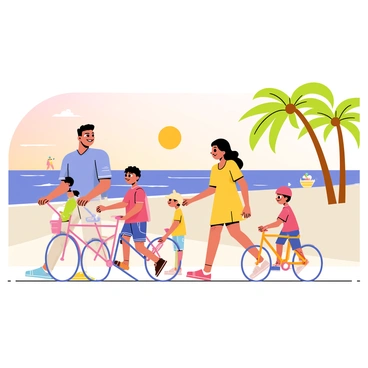 A family of four is walking their bicycles along a beachside promenade. The parents are smiling, with the father wearing a light blue shirt and the mother in a yellow sundress. Two children, a boy and a girl, are beside them, each holding their own colorful bicycles. The promenade has a smooth pathway flanked by palm trees. The sun is setting in the background, casting warm orange and pink hues across the sky, reflecting off the gentle waves of the ocean. Along the promenade, there are a few beachgoers in the distance enjoying the view.