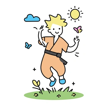 A young ninja with spiky blond hair is practicing his jutsu in a sunny field. He is wearing an orange jumpsuit and blue sandals. Around him, colorful butterflies are fluttering through the air. The field has green grass and a few scattered wildflowers. Hints of blue sky and the sun can be seen above, casting light on the scene.