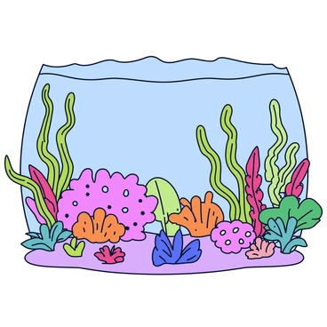 An underwater scene featuring various types of seaweed, characterized by slender green strands swaying gently in the current. There are clusters of corals, showcasing bright colors like pink, orange, and purple, each with unique shapes and textures. Surrounding the corals are vibrant aquatic plants, with large, leafy fronds in shades of green and hints of red, creating a rich environment for marine life. The water has a clear blue hue, allowing sunlight to filter through, illuminating the underwater landscape.