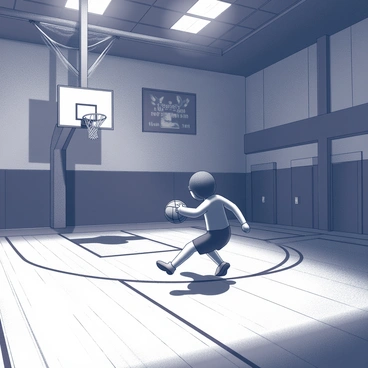 A figure resembling "Hanako-kun" is seen dribbling a basketball on the worn wooden floor of an old gymnasium. The gymnasium is dimly lit, with shadows cast by flickering overhead lights. Dust particles are visible in the air, adding to the eerie atmosphere. A basketball hoop with a frayed net hangs at one end of the court, partially obscured by cobwebs. In the background, faded banners and peeling paint on the walls suggest a long-abandoned space. The overall scene conveys a sense of quiet tension, enhanced by the quiet echo of the bouncing ball.
