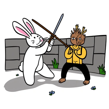 A rabbit with fluffy white fur and large ears is standing upright on its hind legs in a courtyard. The rabbit is holding a small wooden sword with both paws, demonstrating its sword-fighting stance. In front of the rabbit is a training dummy made of straw, dressed in a tattered shirt and pants, with a drawn-on face. The courtyard has stone walls and a few scattered flowers, adding vibrancy to the scene. The sunlight casts shadows on the ground, highlighting the rabbit's focused expression as it practices its moves.