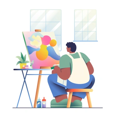 An artist with olive skin and short black hair is seated on a wooden stool in a sunlit studio. They are wearing a white apron over a casual shirt and are focused on a large canvas that is propped up on an easel in front of them. The painting features vibrant colors and abstract shapes, and the artist is using a palette knife to apply texture to the paint. Sunlight streams in through a large window, casting soft shadows on the wooden floor. Various art supplies, including brushes and paint tubes, are scattered on a nearby table, and a potted plant is positioned in the corner of the studio.