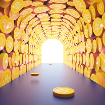 A 3D tunnel extends into the distance, with walls constructed from shimmering bitcoins that reflect light in various colors. The bitcoins are arranged in intricate patterns, creating a dynamic texture that catches the eye. The floor of the tunnel is smooth and dark, contrasting with the vivid golden hues of the bitcoins. The tunnel is illuminated with ethereal light, enhancing the glittering effect of the coins. In the foreground, a few bitcoins appear to float, adding to the surreal atmosphere of the scene.