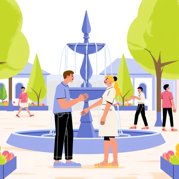 A couple stands in a town square, playfully splashing water at each other near a large, ornate fountain. The fountain features several tiers with water cascading down into a circular basin below. The couple consists of a man and a woman, both laughing joyfully. The man has short brown hair and is wearing a light blue shirt and dark jeans. The woman has long blonde hair tied back in a ponytail and is dressed in a white summer dress. Surrounding them are cobblestone paths with colorful flower beds, and a few people are strolling in the background, enjoying the day. Bright sunshine filters through the trees, creating a lively atmosphere.