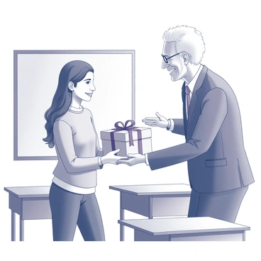A student is standing in a classroom, holding a neatly wrapped gift box with a colorful bow. The classroom is furnished with desks arranged in rows and a chalkboard at the front. The student has a look of appreciation on their face as they extend the gift towards an older mentor, who is smiling warmly. The mentor, dressed in professional attire, is leaning slightly forward, showing engagement and interest. The scene captures the interaction between the two, highlighting the bond of mentorship in an educational environment.