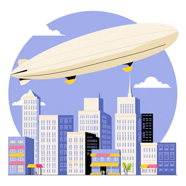 A vintage zeppelin floating through the sky above a bustling cityscape