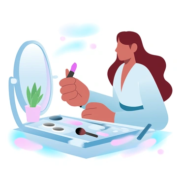 A beauty influencer is sitting at a well-organized vanity, surrounded by various makeup products. She is holding a vibrant lipstick and applying it to her arm for swatching. The vanity has an array of colorful eyeshadow palettes, blushes, and highlighters neatly displayed. A large mirror reflects the scene, and soft, gradient pastel colors fill the background. The influencer is wearing a stylish outfit, and her hair is elegantly styled. Several makeup brushes are scattered around, and there is a small potted plant adding a touch of greenery to the setup.
