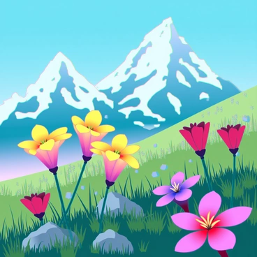 A close-up of vibrant wildflowers in various colors including bright yellows, deep purples, and vivid reds. The wildflowers are scattered across a gently sloping hillside, with lush green grass and small rocks visible among them. In the background, tall mountains rise majestically, partially covered in patches of snow. The sky above is a clear blue, accentuating the bright colors of the flowers. Sunlight casts gentle shadows, highlighting the textures of the petals and leaves.