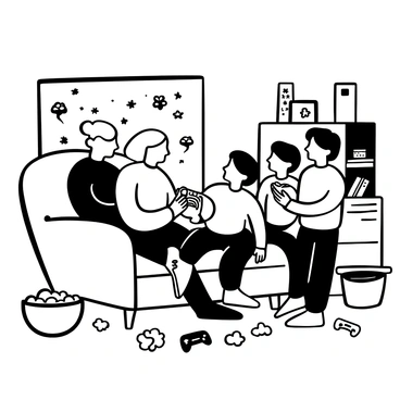 A grandparent sitting in a comfortable armchair, holding a gaming controller. Two enthusiastic grandchildren are standing beside the armchair, leaning in closely with excitement. The grandchildren are wearing colorful t-shirts as they focus intently on the screen in front of them. There is a television displaying a vibrant game scene, with action elements visible. A bowl of popcorn sits on a small table nearby, and scattered game controllers are on the floor. A cozy living room setting surrounds them, with bookshelves and family photos in the background.