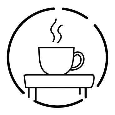 A simple round frame encompassing a steaming cup of tea. The cup is white with a delicate handle, resting on a small wooden table with a smooth surface. The steam rising from the cup forms gentle swirls in the air above it. The background is minimalistic, focusing solely on the cup and the table.