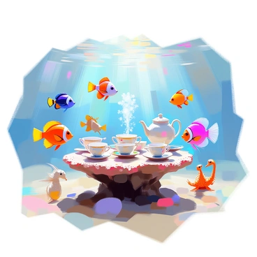 A charming underwater tea party is set beneath the waves. The scene features a round table made of coral, beautifully arranged with delicate teacups and a teapot, all adorned with colorful patterns. Surrounding the table are various fish, including a vibrant clownfish, a graceful angelfish, and a playful seahorse. The fish are interacting with one another, some appearing to sip from tiny cups, while others are playfully swimming around the table. Sunlight filters down through the water, casting shimmering patterns on the sandy ocean floor, enhancing the enchanting atmosphere of this unique gathering.