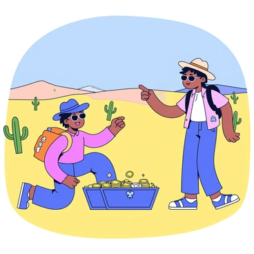 Two cartoon explorers are standing in a vast desert under a bright blue sky. One explorer, wearing a wide-brimmed hat and sunglasses, is kneeling beside an open treasure chest filled with gold coins and sparkling jewels. The other explorer, with a backpack and a magnifying glass, is pointing excitedly at the chest. The sandy landscape is dotted with small cacti and distant sand dunes, creating a sense of adventure. The sun casts sharp shadows, highlighting the explorers' animated expressions and the glimmering treasures.