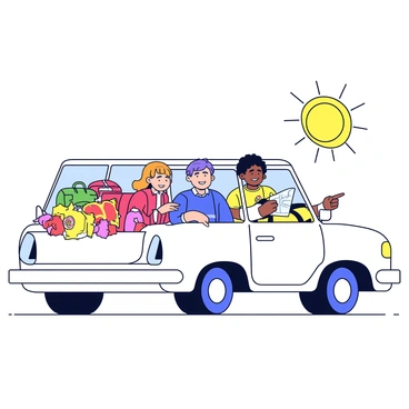 A group of three friends is sitting inside a white car with a blue interior. The car's back seat is filled with colorful luggage, including a red suitcase, a green backpack, and a yellow duffel bag. On the floor of the car are several bags of snacks, including potato chips and candy. The friends are smiling and laughing, enjoying their adventure. One friend is driving, while another is pointing out the window, and the third is holding a map. The sun is shining brightly, illuminating the scene.