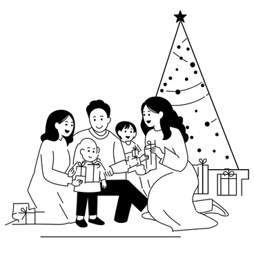 A family of four is gathered in a cozy living room, smiling and exchanging gifts. The parents, a father wearing a festive sweater and a mother in a long dress, are kneeling beside their two children. The children, a boy and a girl, have big smiles on their faces as they hold brightly wrapped presents. The "beautifully decorated Christmas tree" stands tall in the background, adorned with ornaments and twinkling lights. Scattered around the tree are more gift boxes, and a soft rug lies beneath the scene.