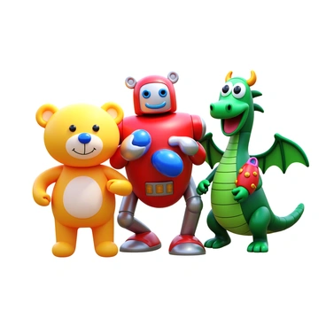 A group of whimsical animated characters representing a children's toy brand. One character is a bright yellow teddy bear with large blue eyes and a stitched smile. Another character is a vibrant red robot with shiny metallic arms and cheerful LED lights. A playful dragon character has green scales and cartoonish wings, smiling widely. The characters are designed with exaggerated features and bright colors, conveying a sense of fun and playfulness. Each character holds a different toy, showcasing diversity within the brand's offerings.