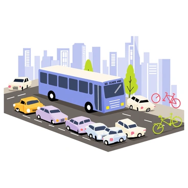 A blue school bus is positioned in the center of the image, illustrating its large size and bright color. The bus is surrounded by a variety of cars, all in different colors and models, emphasizing the congestion of peak hour traffic. To the right, there are several bicycles, including a red one and a green one, parked alongside the bus. The road is filled with a mix of vehicles, and the background features a few trees and buildings to add context to the urban setting. A clear blue sky is visible above, contrasting with the busy scene below.