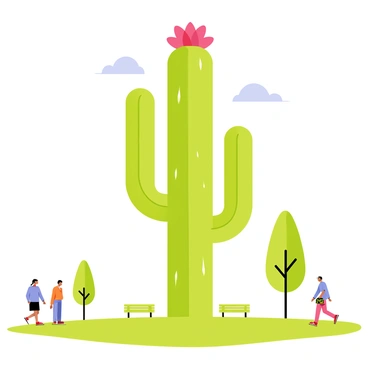 A large public sculpture of a cactus standing tall in the center of a city park. The cactus has several arms extending outward, showcasing a vibrant pink flower blooming at the top. Surrounding the sculpture, there are green grassy areas with a few benches nearby. In the background, a couple of trees provide shade, and clear blue skies are visible above. People casually walk by, admiring the unique artwork in the park.