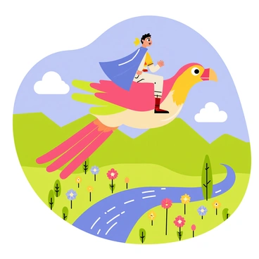A magical explorer with a bright blue cloak is riding on the back of a giant, colorful bird with feathers in shades of red, green, and yellow. The bird has large wings outstretched, gliding gracefully through the sky. Below them, a vibrant landscape is filled with lush green hills, dotted with blooming flowers in a variety of colors. A sparkling blue river winds its way through the scene, reflecting the sunlight. Fluffy white clouds float in the bright blue sky, adding to the enchanting atmosphere.