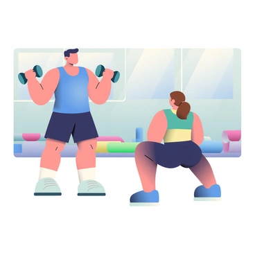 A personal trainer with short black hair and a blue tank top is demonstrating proper form for dumbbell thrusters in a gym setting. The trainer is standing with feet shoulder-width apart, holding a pair of lightweight dumbbells at shoulder height. They are facing a client who is following the instructions carefully. The client, a woman with long brown hair tied back, is in a squat position, preparing to lift the weights. The gym has various workout equipment in the background, including a row of exercise mats and a wall with mirrors reflecting the scene. The atmosphere is focused and energetic, emphasizing the importance of correct technique.