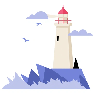 A solitary lighthouse standing tall on a rugged rocky shoreline. The lighthouse features a bright white exterior with a red top, casting a beam of light that cuts through the surrounding mist. Jagged rocks jut out from beneath the lighthouse, splashed by waves crashing against them. The sky above is partly cloudy with shades of blue and gray. A few seagulls fly in the distance, accentuating the coastal setting. The scene captures the lighthouse's imposing presence against the natural elements.