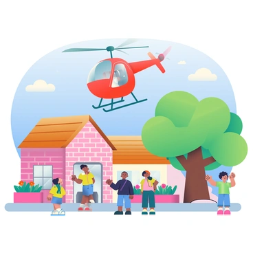 A helicopter with a bright red body and white rotor blades is descending towards a small rural town square. Below, the square is surrounded by quaint brick buildings with wooden roofs, each painted in soft pastel colors. People are gathered around, looking up at the helicopter with expressions of curiosity and excitement, while a few children are pointing at it. There are flower pots with vibrant blooms lining the edge of the square, and a large oak tree providing shade on one side. The sky above is a clear blue, adding to the lively atmosphere of the scene.
