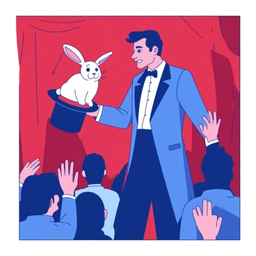 A magician wearing a blue tuxedo is standing on stage, holding a black top hat in his right hand. The magician is in the process of pulling a white rabbit out of the hat. The rabbit has large, expressive eyes and its ears are perked up, showcasing its surprise. In the background, there is a curtain that is a vibrant red, creating a striking contrast with the magician’s attire. The audience can be seen in the shadows, with some hands clapping in excitement.