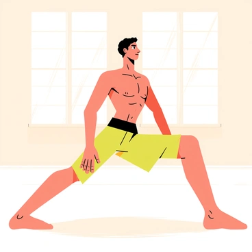 A person in a challenging yoga pose showcasing muscular strength. The individual is in a deep warrior pose, with one leg extended back and the front leg bent at a sharp angle. Their arms are stretched out to the sides, parallel to the ground, with palms facing down. The person has a focused expression on their face, emphasizing concentration. The background features a sunlit room with wooden floors and large windows, allowing natural light to stream in, casting soft shadows. The person's athletic build is highlighted, showing defined muscles in their arms and legs.