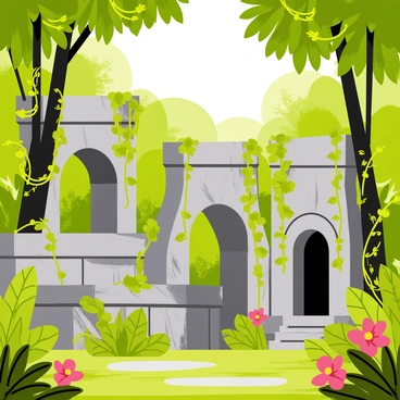 Ancient stone ruins partially hidden by lush green vines in a dense jungle setting. The ruins consist of weathered grey stones, with intricate carvings barely visible due to the thick foliage. Tall, leafy trees surround the ruins, casting dappled shadows on the ground. Colorful flowers peek through the greenery, adding vibrant splashes of color to the scene. Sunlight filters through the treetops, illuminating the ruins and the surrounding vegetation.