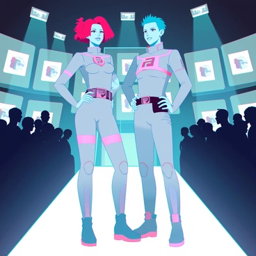 Team Rocket members, Jessie and James, stand confidently on a sleek, futuristic runway. Jessie has vibrant red hair styled dramatically and wears a fitted, metallic uniform with a high collar and the letter "R" prominently displayed on her chest. James, with his short blue hair, sports a matching silver uniform that fits snugly and features a stylish belt with gadgets. They pose with bold expressions, showcasing their outfits. The runway is illuminated with bright lights and digital screens displaying their logo, creating an energetic fashion show atmosphere. The audience, represented by shadowy silhouettes, watches in awe as the duo flaunts their new looks.