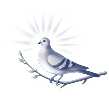 A dove perched delicately on a thin branch. The bird has a serene posture, with its head held high and wings slightly spread. Surrounding the dove, rays of light radiate outward, creating a visual impact that draws attention to the bird. The branch is adorned with small leaves, adding detail to the scene. The background is simple, ensuring the focus remains on the dove and the emanating rays of light.