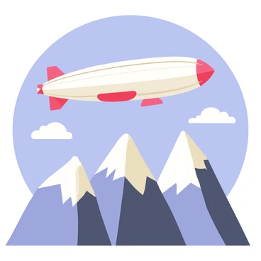 An airship with a sleek, elongated shape is soaring above a range of tall, snow-capped mountains. The airship features a vibrant red and white color scheme, with a large propeller at the back. Below, the mountains are rugged and majestic, covered in a thick layer of white snow on their peaks, contrasting with the dark gray rocky faces. The sky is a bright blue, dotted with fluffy white clouds. The scene captures the beauty of nature with the airship gracefully gliding through the tranquil atmosphere.
