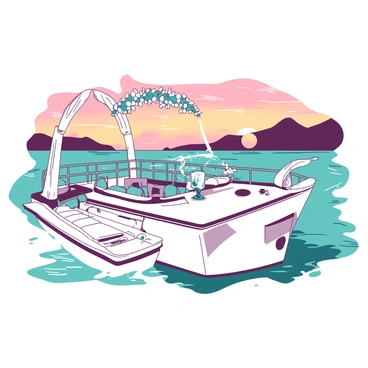 A white yacht is floating gently on calm waters, its deck elegantly arranged for a sunset wedding cruise. Delicate white flowers are adorning the railing, and soft teal cushions are placed on the seating areas. An arch made of white fabric is set up at the bow, draped gracefully with hints of teal. In the background, the sky is filled with warm hues as the sun begins to set, casting a soft glow over the scene. A small table is set for two, with a white tablecloth, a sparkling teal centerpiece, and two elegantly placed white chairs.