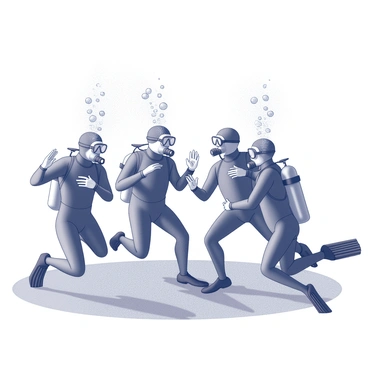A group of divers is underwater, positioned at a safety stop. Each diver is wearing a wetsuit and a diving mask. They are surrounded by bubbles rising to the surface. One diver uses hand signals to indicate various messages to the others. Their hands are extended in clear gestures, demonstrating specific signals for communication. The divers maintain close proximity to one another while ensuring their safety. Sunlight filters through the water, creating patterns on their bodies and the sandy seabed below.
