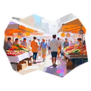 A bustling local market in Bournemouth filled with activity. Various vendors are set up along colorful stalls, selling fresh produce such as bright red tomatoes, leafy green vegetables, and vibrant fruits like oranges and strawberries. Nearby, another stall features an array of handmade crafts, including intricately designed pottery and woven baskets. Shoppers of different ages mill about, some examining the goods while others engage in conversation with the vendors. The atmosphere is lively, with a mix of chatter and laughter filling the air.