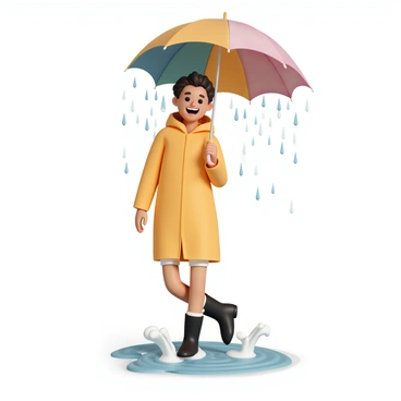 A joyful figure, wearing a bright yellow raincoat and black rain boots, is walking in the rain. The figure is holding a large, colorful umbrella that is opened above them, sheltering them from the rain. Water droplets are falling from the sky, creating ripples in the puddles on the sidewalk. The figure is mid-step, splashing through a puddle, with water splashing up around their boots, and a wide smile is visible on their face as they enjoy the moment.