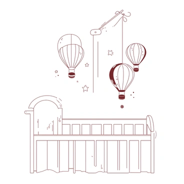 A white baby's crib mobile is hanging from the ceiling, featuring several illustrated hot air balloons in various sizes and colors. Each balloon has intricate designs, showcasing stripes and polka dots. Surrounding the balloons are small white stars that twinkle gently against the backdrop. The mobile is softly swaying, creating a calming atmosphere for the baby beneath it. The entire arrangement is suspended from a white arm that attaches to the edge of the crib, emphasizing the playful and whimsical theme.