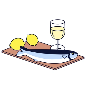 A still life composition featuring a whole mackerel with a shiny silver skin and distinctive dark blue stripes. Next to the fish is a bright yellow lemon, placed on a simple wooden surface. There is a clear glass of white wine beside the lemon, filled to the brim, showcasing the light golden color of the wine. The arrangement is balanced, with all elements clearly visible and neatly positioned.