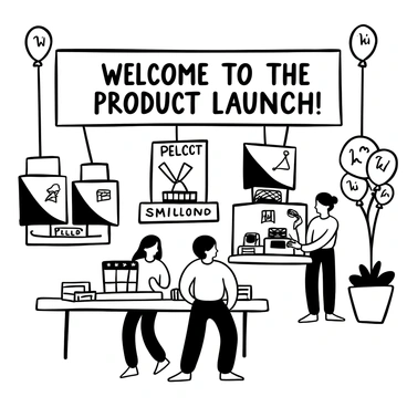 A large open space filled with various product displays on tables, each showcasing different items. "Welcome to the Product Launch!" is prominently displayed on a large banner overhead. Several smaller banners hang from the ceiling, each with different product names. A group of people is gathered around one display, examining the products with interest. Tables are arranged in an inviting manner, with promotional materials spread out. Balloons are tied to the tables, creating a festive atmosphere.