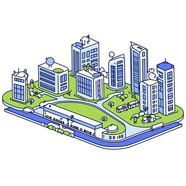 A wide panoramic view of a smart city showcasing futuristic buildings with sleek designs and large glass windows. The architecture incorporates plenty of greenery, with vertical gardens and rooftop parks visible on many structures. Various types of advanced transportation systems, such as electric buses and bike lanes, are integrated into the landscape. Solar panels and wind turbines are present on rooftops, emphasizing the eco-friendly aspect of the city. The skyline features a mix of towering skyscrapers and smaller residential buildings, all harmonizing with the surrounding environment.