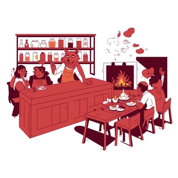 A red werewolf with friendly features stands behind the wooden counter of a quaint countryside inn. The werewolf is adorned in a brown apron, and its posture is welcoming, with one hand raised in greeting. Behind the werewolf, there are shelves filled with various bottles and jars, casting soft shadows on the white walls. Guests, a diverse group of travelers, are seated at rustic wooden tables, enjoying their meals and sharing stories. A cozy fireplace crackles on one side of the room, illuminating the warm atmosphere of the inn.